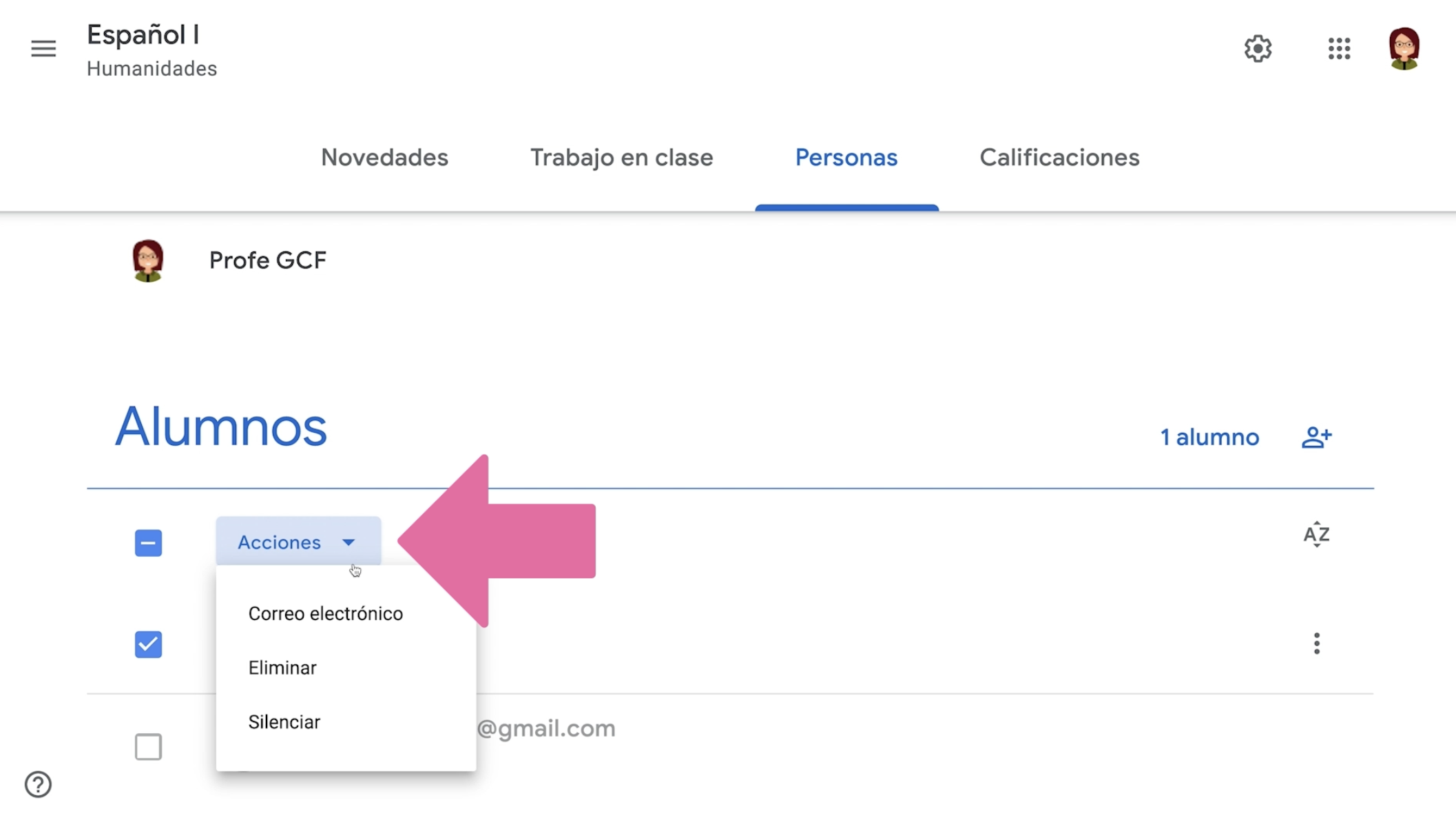 Hacer clic en botón Acciones para ver las opciones disponibles a realizar en pestaña Personas de Google Classroom.